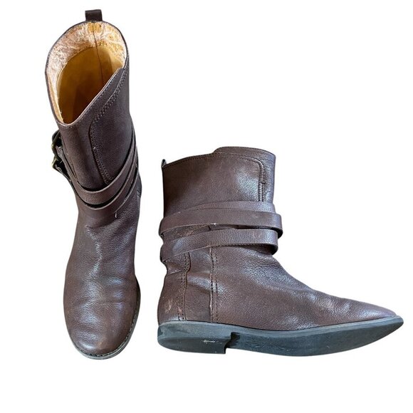 Nine West Vasorbie Leather Boots 3 Strap Flat Heel Sz 7 Dark Brown #335F - Picture 2 of 9